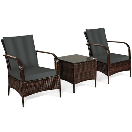 3 Pieces Patio Conversation Rattan Furniture Set with Cushions-Gray - Gray - Patio Conversation Sets
