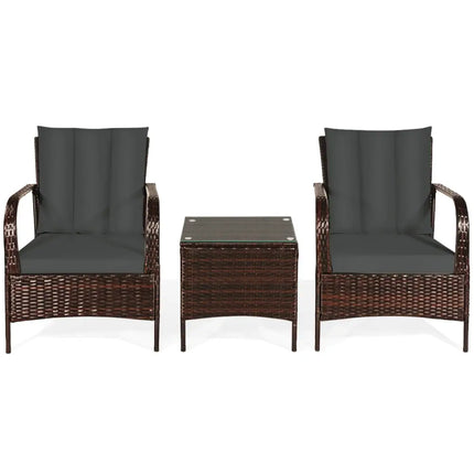 3 Pieces Patio Conversation Rattan Furniture Set with Cushions-Gray - Gray - Patio Conversation Sets