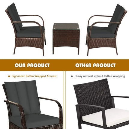3 Pieces Patio Conversation Rattan Furniture Set with Cushions-Gray - Gray - Patio Conversation Sets