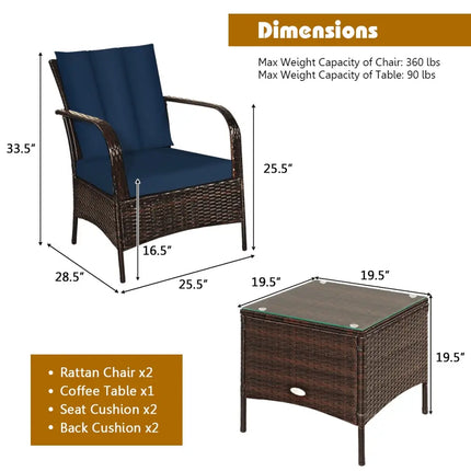 3 Pieces Patio Conversation Rattan Furniture Set with Cushions-Navy - Navy - Patio Conversation Sets