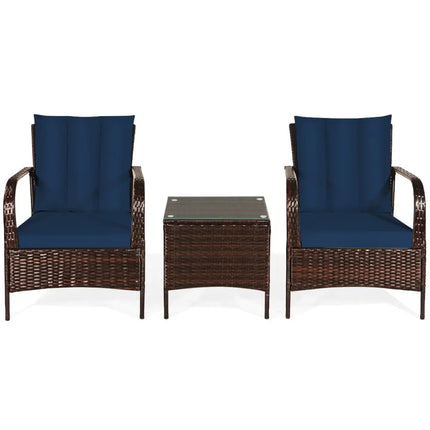 3 Pieces Patio Conversation Rattan Furniture Set with Cushions-Navy - Navy - Patio Conversation Sets