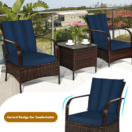 3 Pieces Patio Conversation Rattan Furniture Set with Cushions-Navy - Navy - Patio Conversation Sets