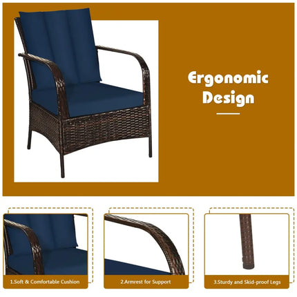3 Pieces Patio Conversation Rattan Furniture Set with Cushions-Navy - Navy - Patio Conversation Sets