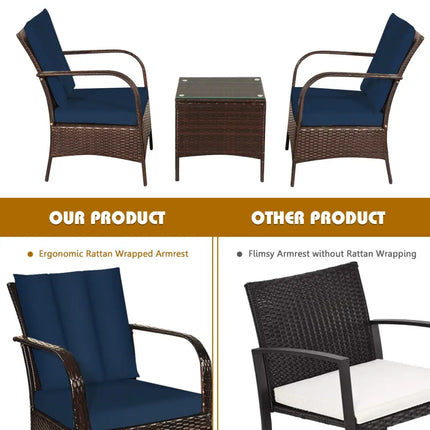 3 Pieces Patio Conversation Rattan Furniture Set with Cushions-Navy - Navy - Patio Conversation Sets