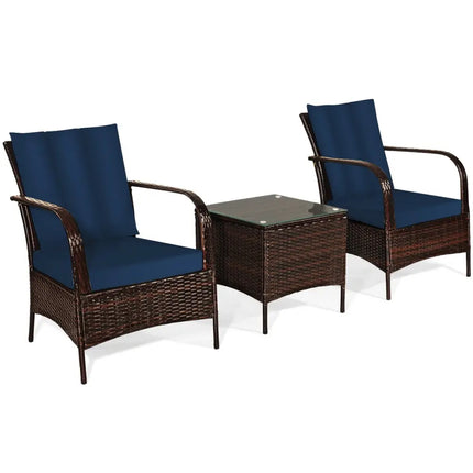 3 Pieces Patio Conversation Rattan Furniture Set with Cushions-Navy - Navy - Patio Conversation Sets