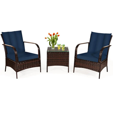 3 Pieces Patio Conversation Rattan Furniture Set with Cushions-Navy - Navy - Patio Conversation Sets