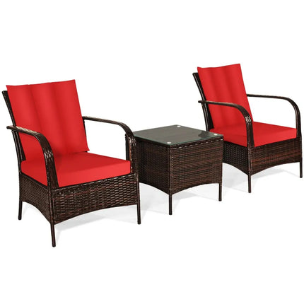 3 Pieces Patio Conversation Rattan Furniture Set with Cushions-Red - Red - Patio Conversation Sets