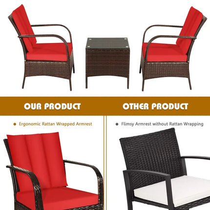 3 Pieces Patio Conversation Rattan Furniture Set with Cushions-Red - Red - Patio Conversation Sets