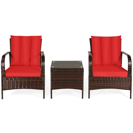 3 Pieces Patio Conversation Rattan Furniture Set with Cushions-Red - Red - Patio Conversation Sets