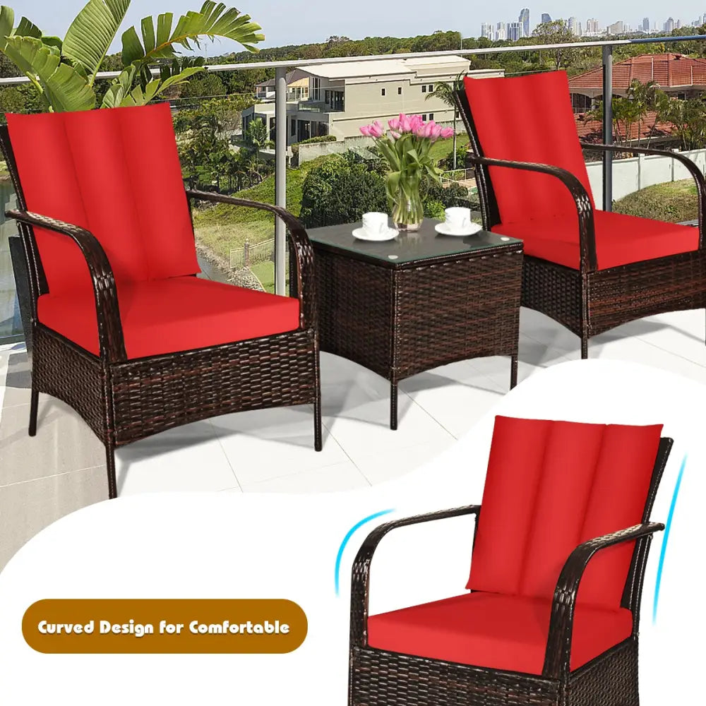 3 Pieces Patio Conversation Rattan Furniture Set with Cushions-Red - Red - Patio Conversation Sets