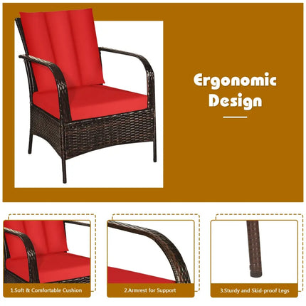 3 Pieces Patio Conversation Rattan Furniture Set with Cushions-Red - Red - Patio Conversation Sets