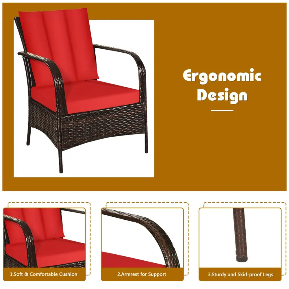 3 Pieces Patio Conversation Rattan Furniture Set with Cushions-Red - Red - Patio Conversation Sets