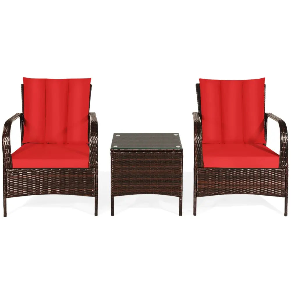 3 Pieces Patio Conversation Rattan Furniture Set with Cushions-Red - Red - Patio Conversation Sets