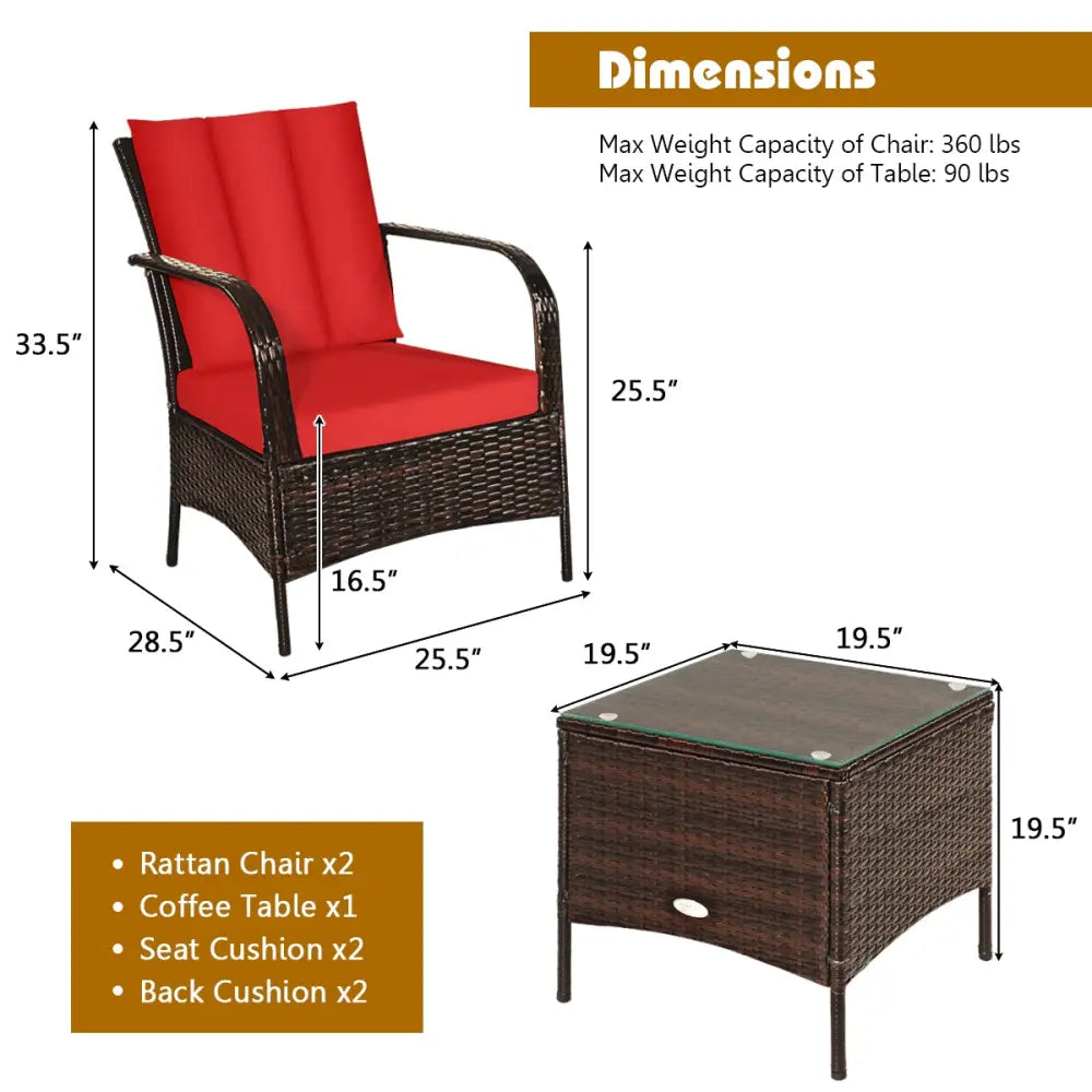 3 Pieces Patio Conversation Rattan Furniture Set with Cushions-Red - Red - Patio Conversation Sets