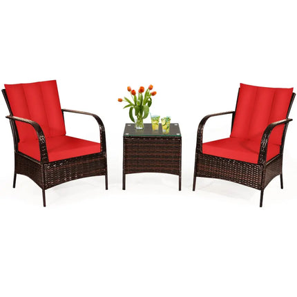3 Pieces Patio Conversation Rattan Furniture Set with Cushions-Red - Red - Patio Conversation Sets