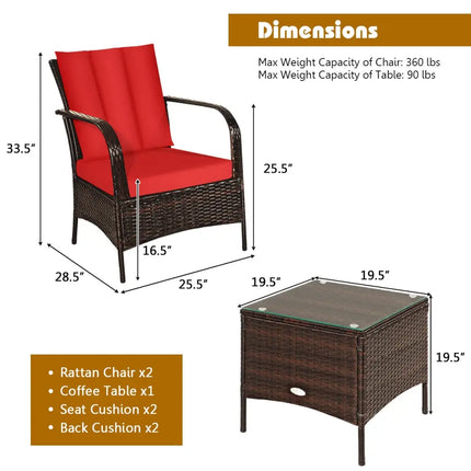 3 Pieces Patio Conversation Rattan Furniture Set with Cushions-Red - Red - Patio Conversation Sets