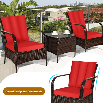 3 Pieces Patio Conversation Rattan Furniture Set with Cushions-Red - Red - Patio Conversation Sets