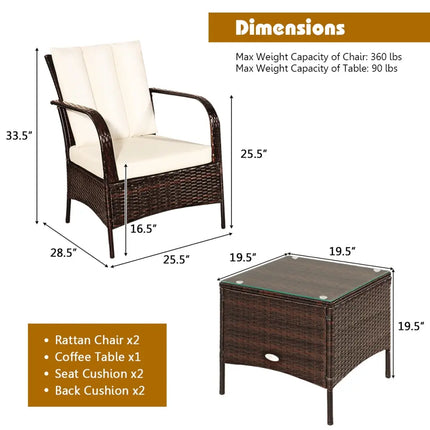 3 Pieces Patio Conversation Rattan Furniture Set with Cushions-White - White - Patio Conversation Sets