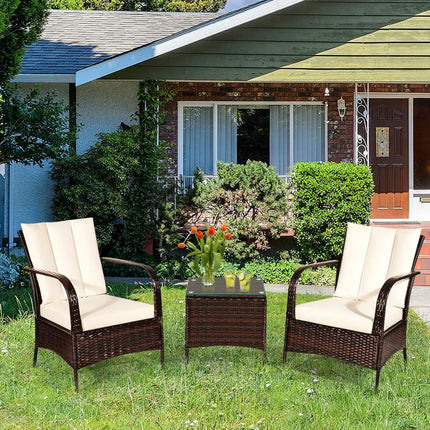 3 Pieces Patio Conversation Rattan Furniture Set with Cushions-White - White - Patio Conversation Sets