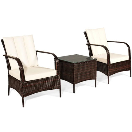 3 Pieces Patio Conversation Rattan Furniture Set with Cushions-White - White - Patio Conversation Sets