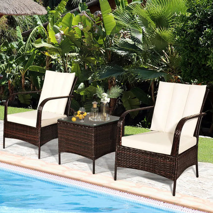 3 Pieces Patio Conversation Rattan Furniture Set with Cushions-White - White - Patio Conversation Sets