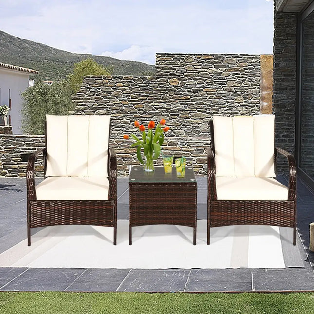 3 Pieces Patio Conversation Rattan Furniture Set with Cushions-White - White - Patio Conversation Sets