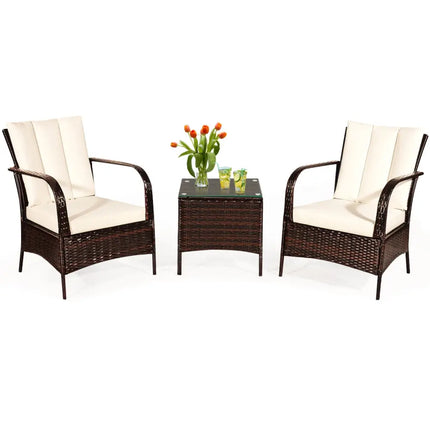 3 Pieces Patio Conversation Rattan Furniture Set with Cushions-White - White - Patio Conversation Sets