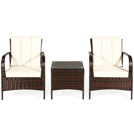 3 Pieces Patio Conversation Rattan Furniture Set with Cushions-White - White - Patio Conversation Sets