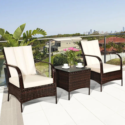 3 Pieces Patio Conversation Rattan Furniture Set with Cushions-White - White - Patio Conversation Sets