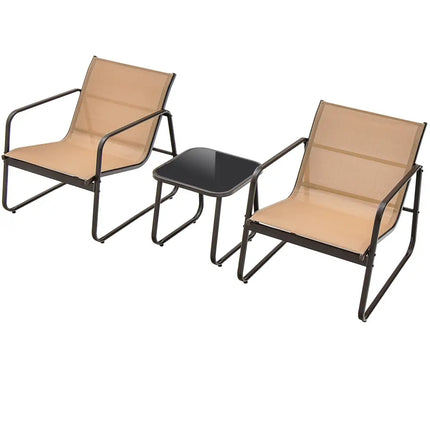 3 Pieces Patio Conversation Set with Breathable Fabric and Tabletop-Brown - Brown - Patio Conversation Sets