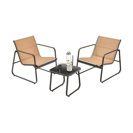 3 Pieces Patio Conversation Set with Breathable Fabric and Tabletop-Brown - Brown - Patio Conversation Sets