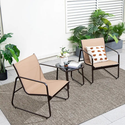 3 Pieces Patio Conversation Set with Breathable Fabric and Tabletop-Brown - Brown - Patio Conversation Sets