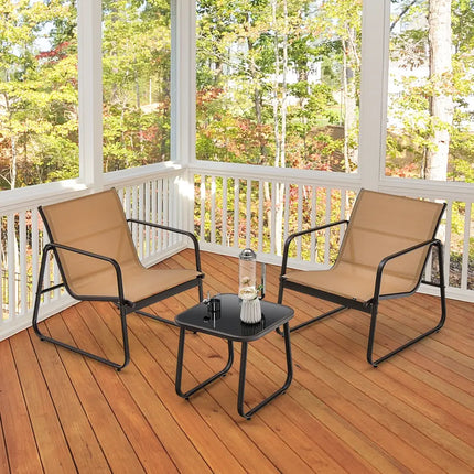 3 Pieces Patio Conversation Set with Breathable Fabric and Tabletop-Brown - Brown - Patio Conversation Sets