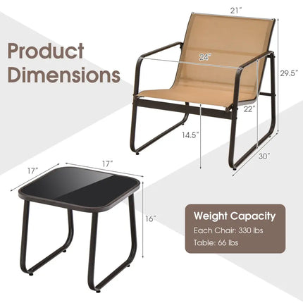 3 Pieces Patio Conversation Set with Breathable Fabric and Tabletop-Brown - Brown - Patio Conversation Sets
