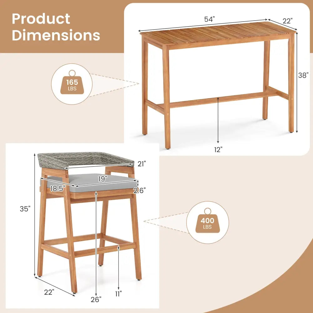 3 Pieces Patio Counter Height Bar Set with 2 Cushioned Barstools - Patio Dining Sets