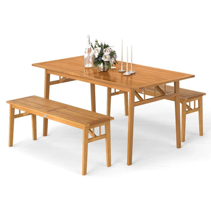 3 Pieces Patio Dining Set Acacia Wood Outdoor Rectangular Picnic Table and 2 Benches - Patio Dining Sets