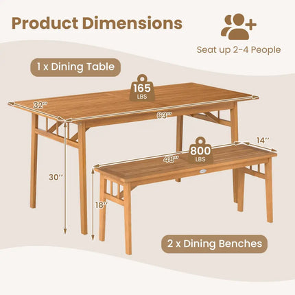 3 Pieces Patio Dining Set Acacia Wood Outdoor Rectangular Picnic Table and 2 Benches - Patio Dining Sets