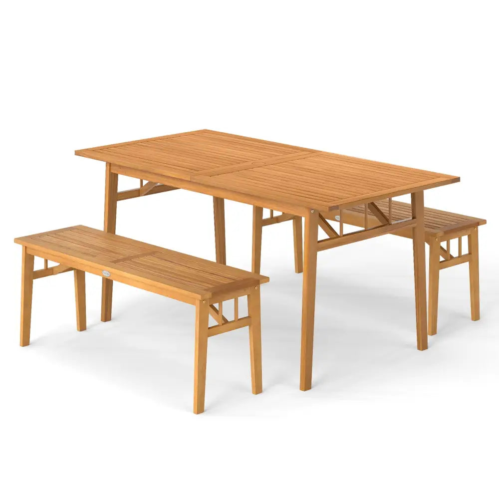 3 Pieces Patio Dining Set Acacia Wood Outdoor Rectangular Picnic Table and 2 Benches - Patio Dining Sets