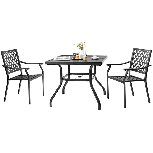 3 Pieces Patio Dining Set Stackable Chairs Armrest Table with Umbrella Hole - Patio Dining Sets