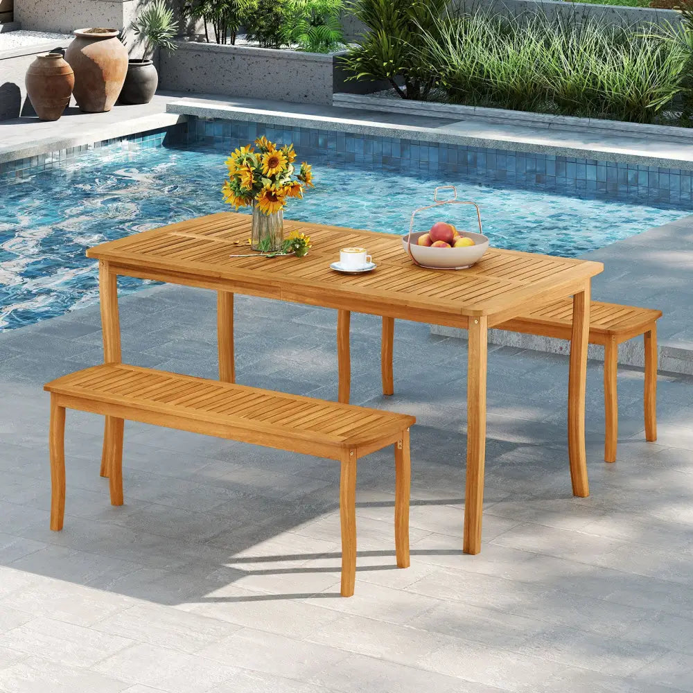3 Pieces Patio Dining Set with Acacia Wood Outdoor Table and Benches - Patio Dining Sets