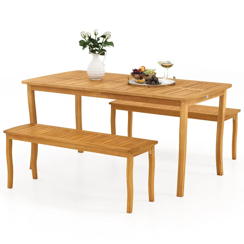 3 Pieces Patio Dining Set with Acacia Wood Outdoor Table and Benches - Patio Dining Sets