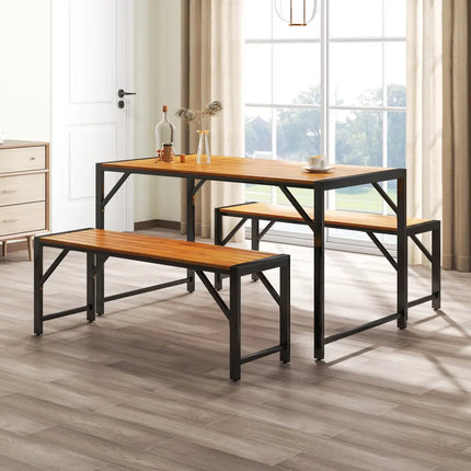 3 Pieces Patio Dining Set with Acacia Wood Dining Table and 2 Benches - Natural - Picnic Tables