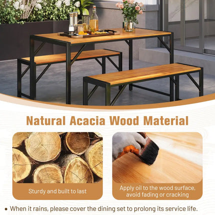 3 Pieces Patio Dining Set with Acacia Wood Dining Table and 2 Benches - Natural - Picnic Tables