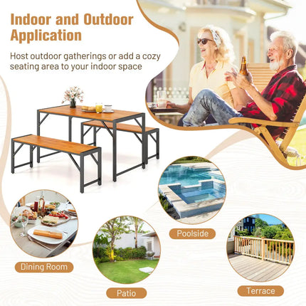 3 Pieces Patio Dining Set with Acacia Wood Dining Table and 2 Benches - Natural - Picnic Tables