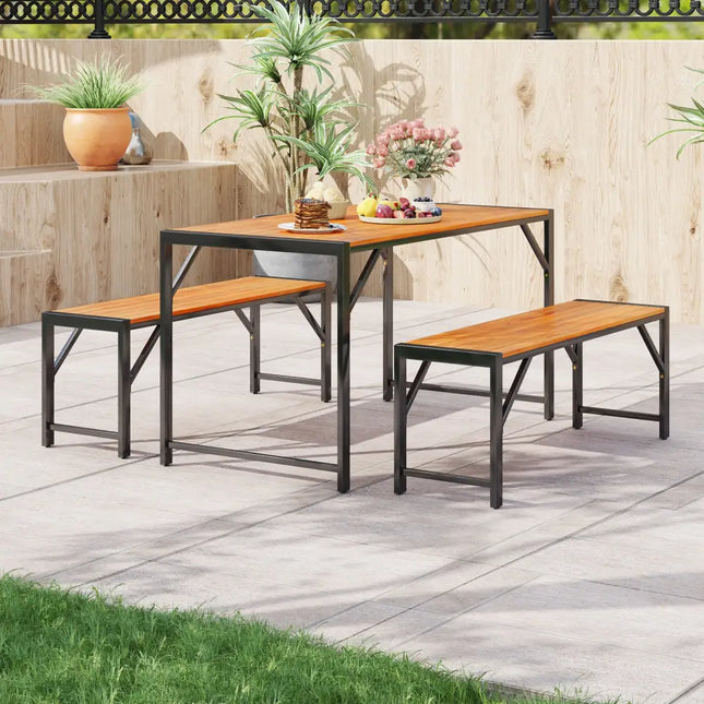 3 Pieces Patio Dining Set with Acacia Wood Dining Table and 2 Benches - Natural - Picnic Tables