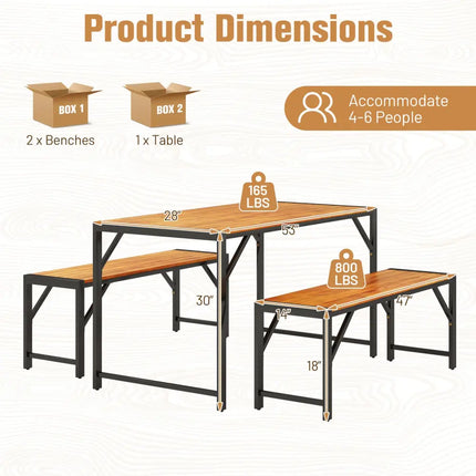 3 Pieces Patio Dining Set with Acacia Wood Dining Table and 2 Benches - Natural - Picnic Tables