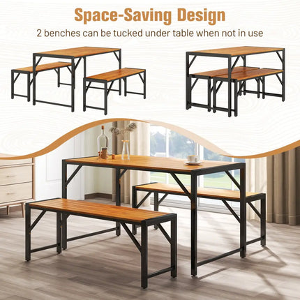 3 Pieces Patio Dining Set with Acacia Wood Dining Table and 2 Benches - Natural - Picnic Tables