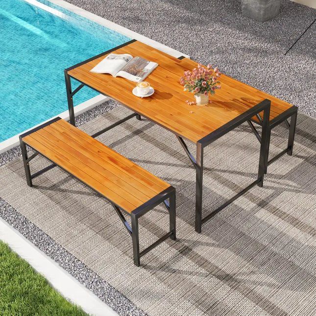 3 Pieces Patio Dining Set with Acacia Wood Dining Table and 2 Benches - Natural - Picnic Tables