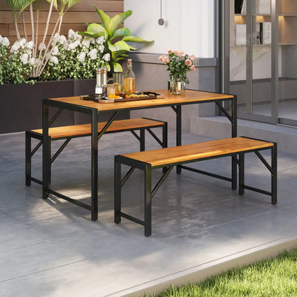 3 Pieces Patio Dining Set with Acacia Wood Dining Table and 2 Benches - Natural - Picnic Tables