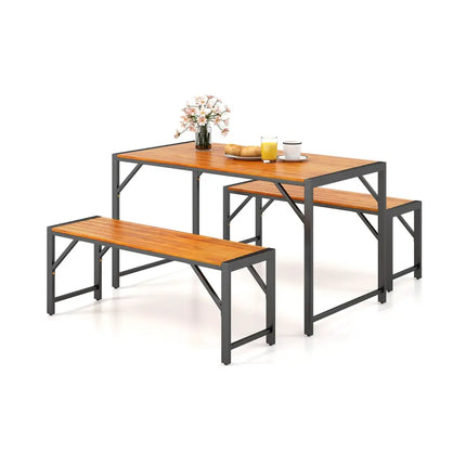 3 Pieces Patio Dining Set with Acacia Wood Dining Table and 2 Benches - Natural - Picnic Tables